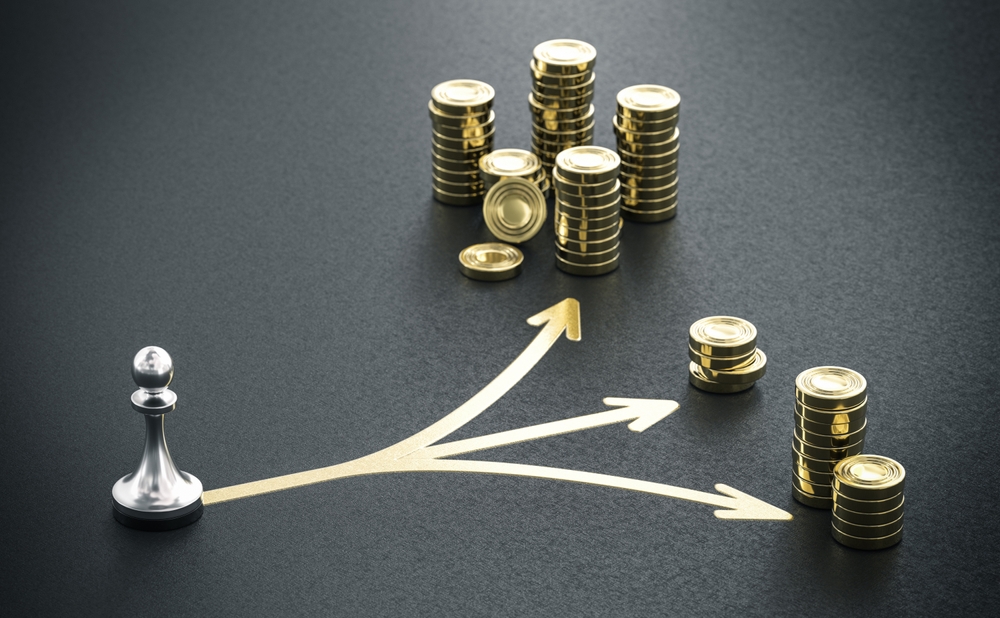 One pawn and many golden coins over black background with 3 arrows. Investment decision making or porfolio diversification.