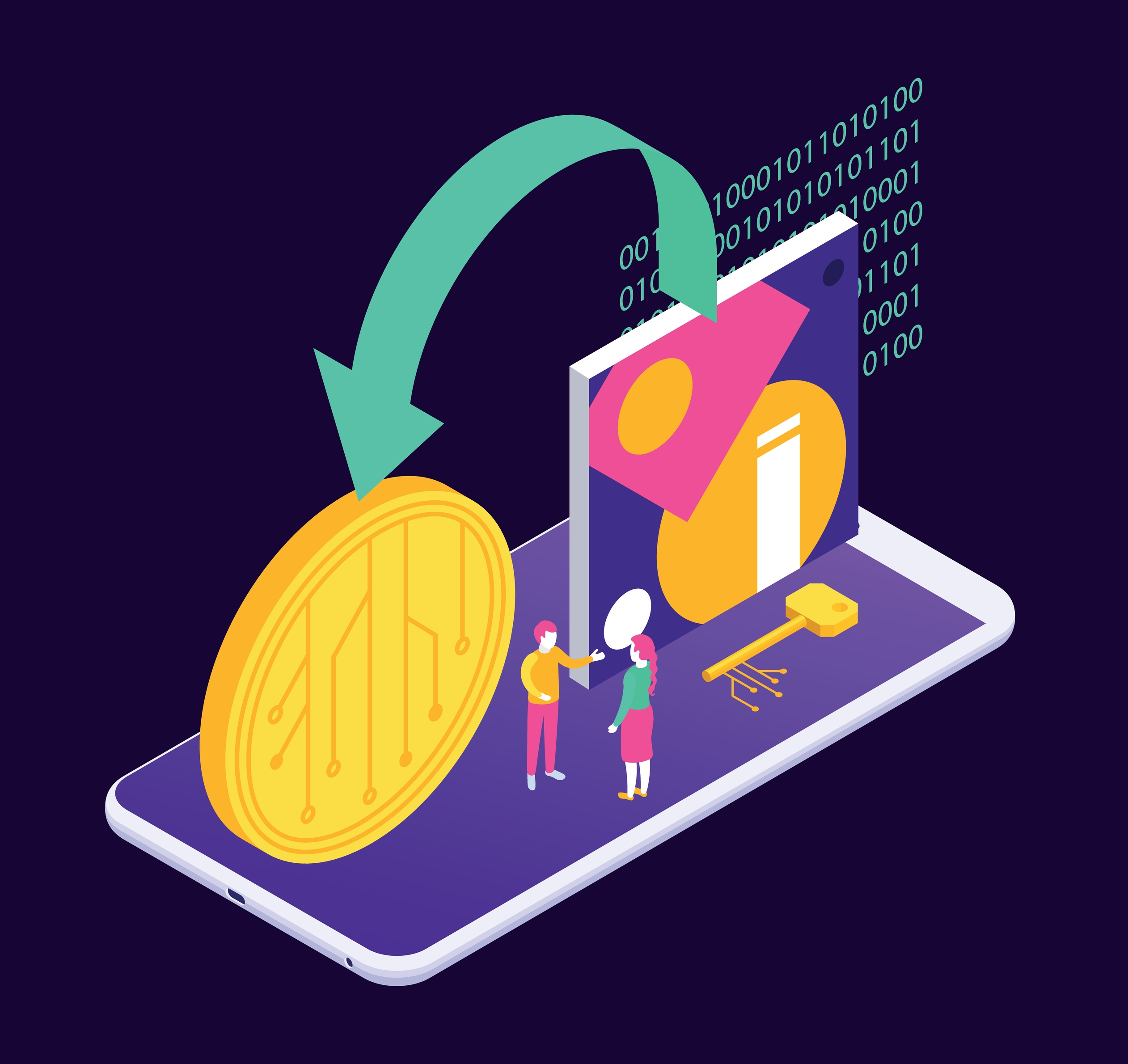 Cryptographic art crypto art nft isometric composition with icons of painting and coin on smartphone top vector illustration