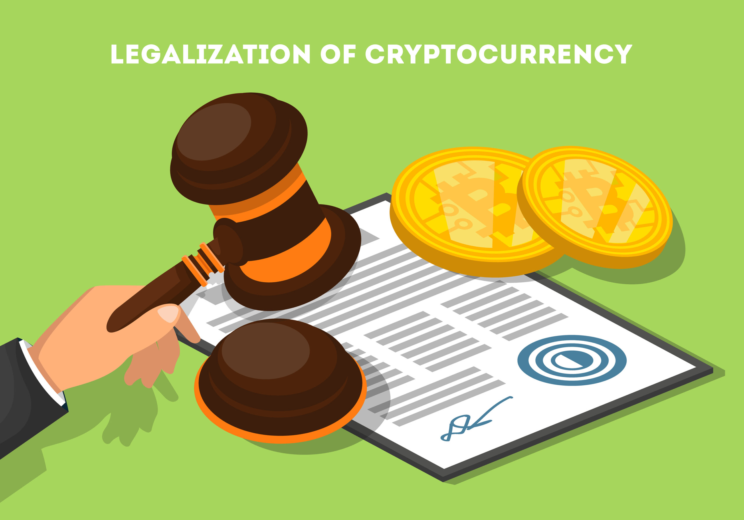 Crypto currency. Legal contract, electronic crypto currency money coins, hand holding gavel. Digital cryptocurrency legalization, law and legislation poster vector illustration