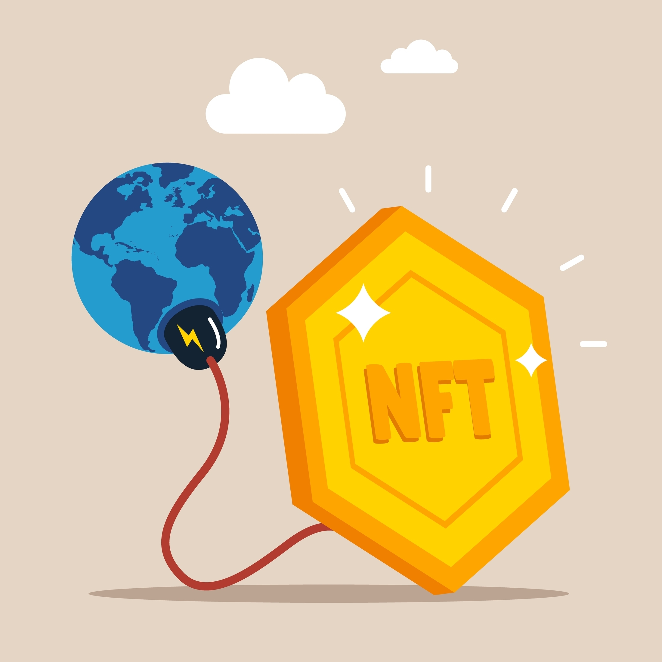 Big NFT token with electric plug sucking energy from planet earth. Cryptocurrency sustainability problem, NFT token and crypto currency mining energy consumption not environment friendly concept.