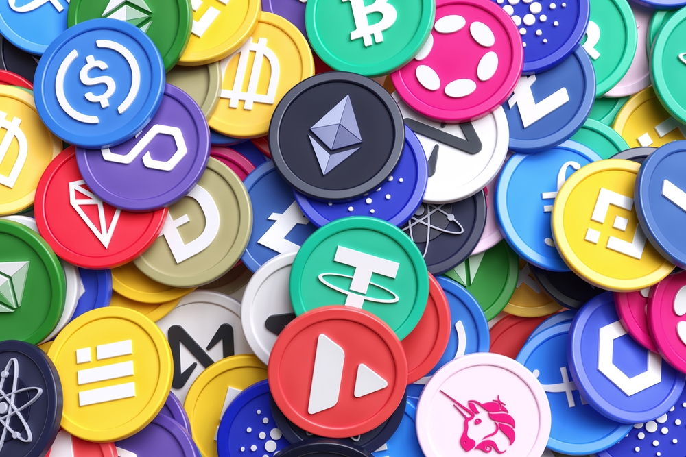 Trending Bnb Chain cryptocurrencies in August 2022. Wallpaper made of a bunch of randomly placed tokens. 