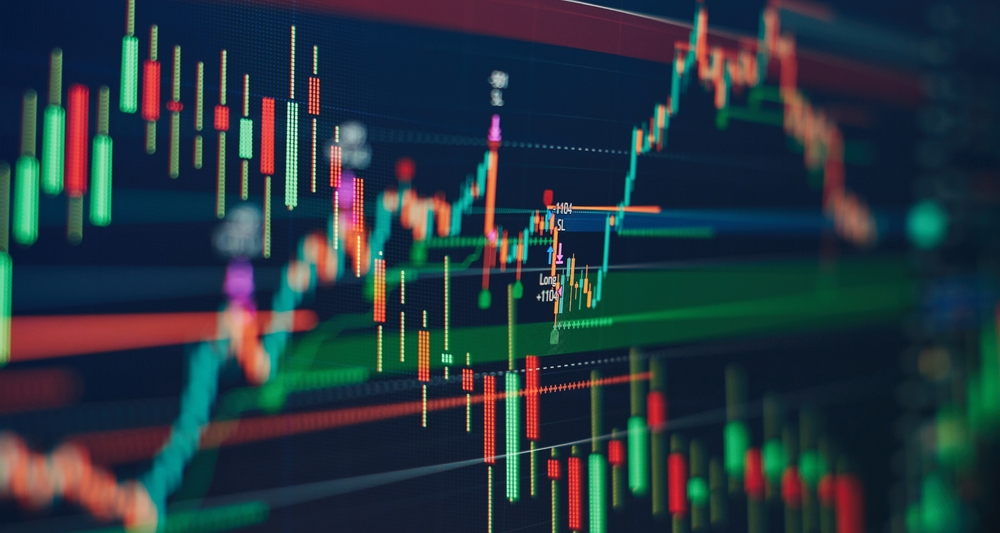 Technical price graph and indicator, red and green candlestick chart on blue theme screen