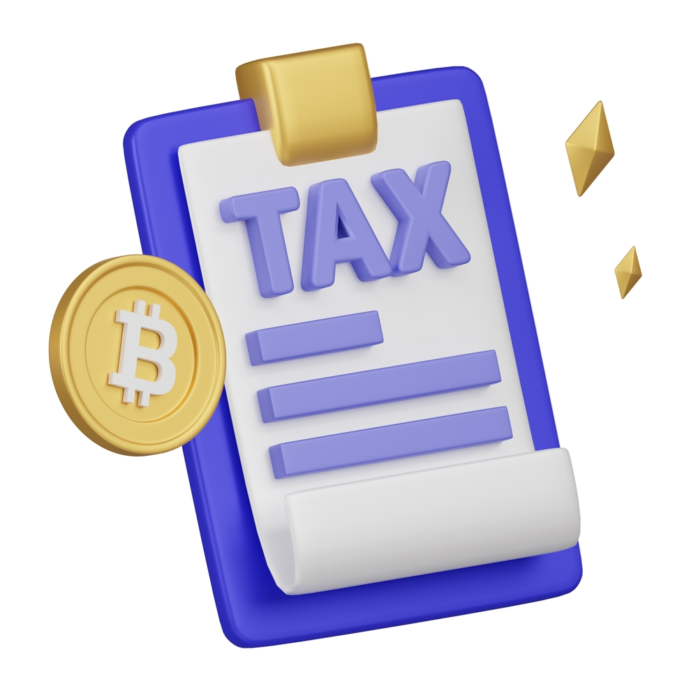 This 3d illustration shows a clipboard with the word "TAX" and lines of text, alongside a Bitcoin coin, highlighting cryptocurrency tax considerations.