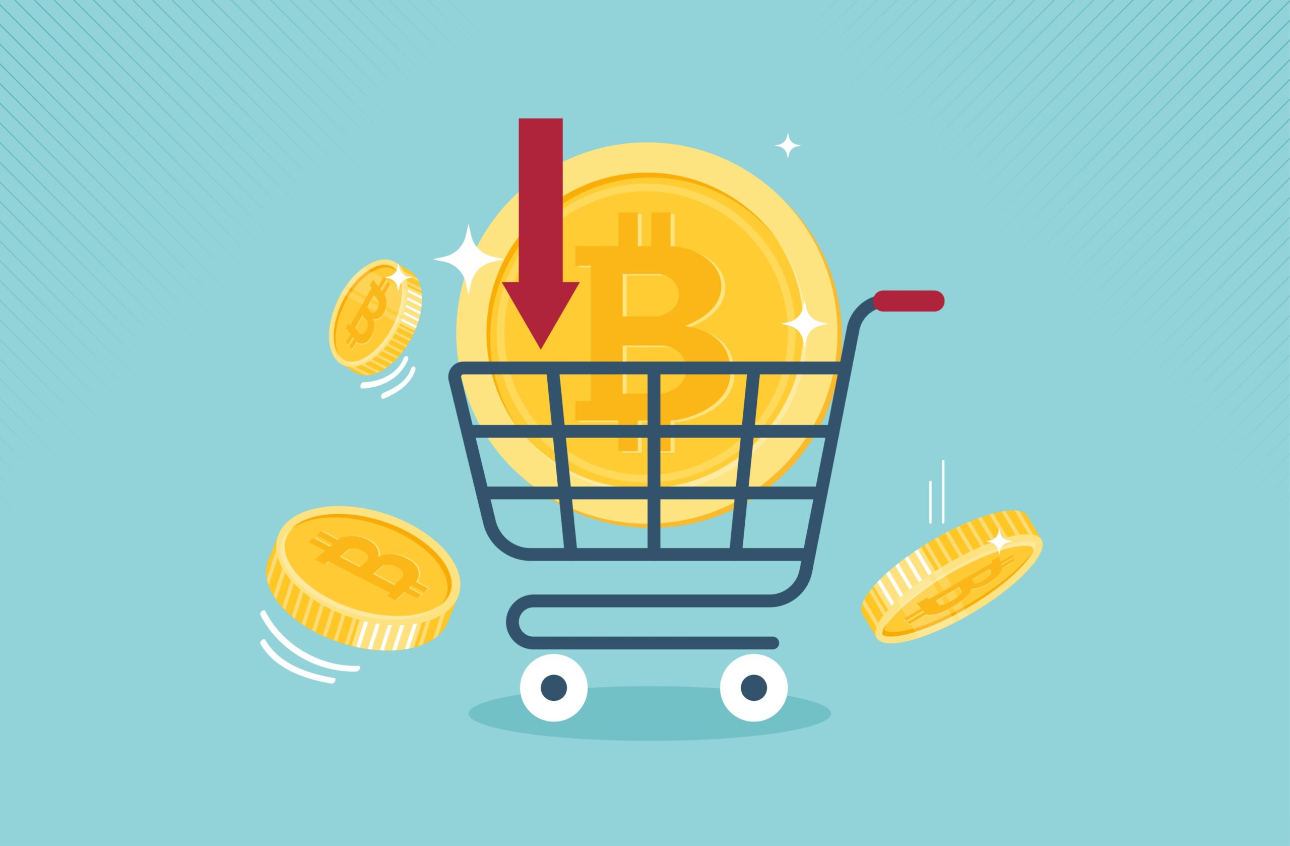 Buying Bitcoin on sale when price crash to make profit concept, smart man buying purchasing crypto currency Bitcoin in shopping cart trolley to speculate earning in the future.