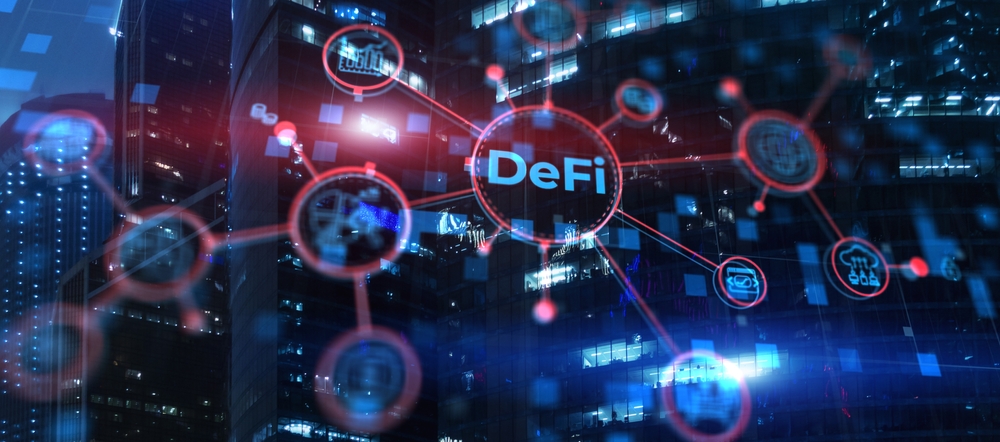 DeFi Decentralized Finance. Technology blockchain cryptocurrency concept.