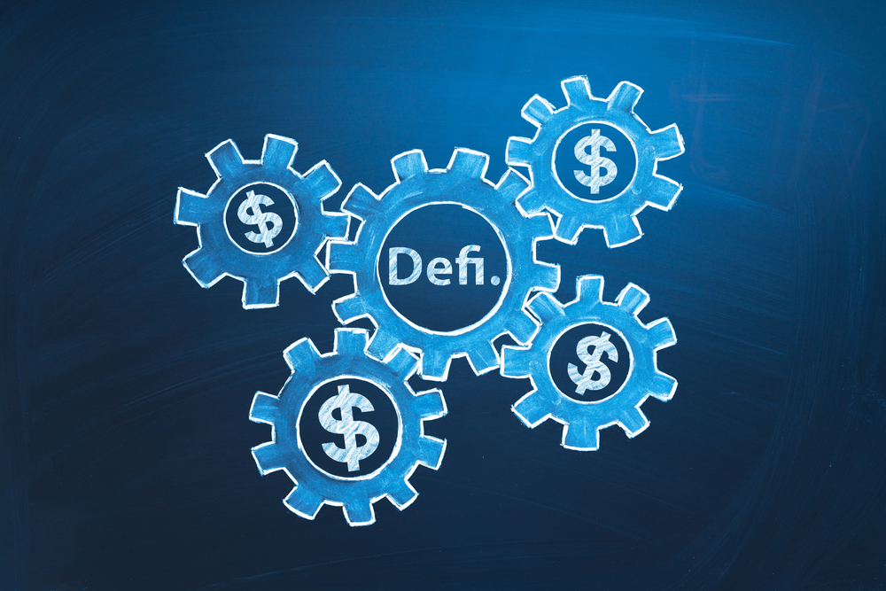 DeFi decentralized finance symbol. Concept of blockchain, decentralized financial system. An ecosystem of financial applications and services based on public blockchains