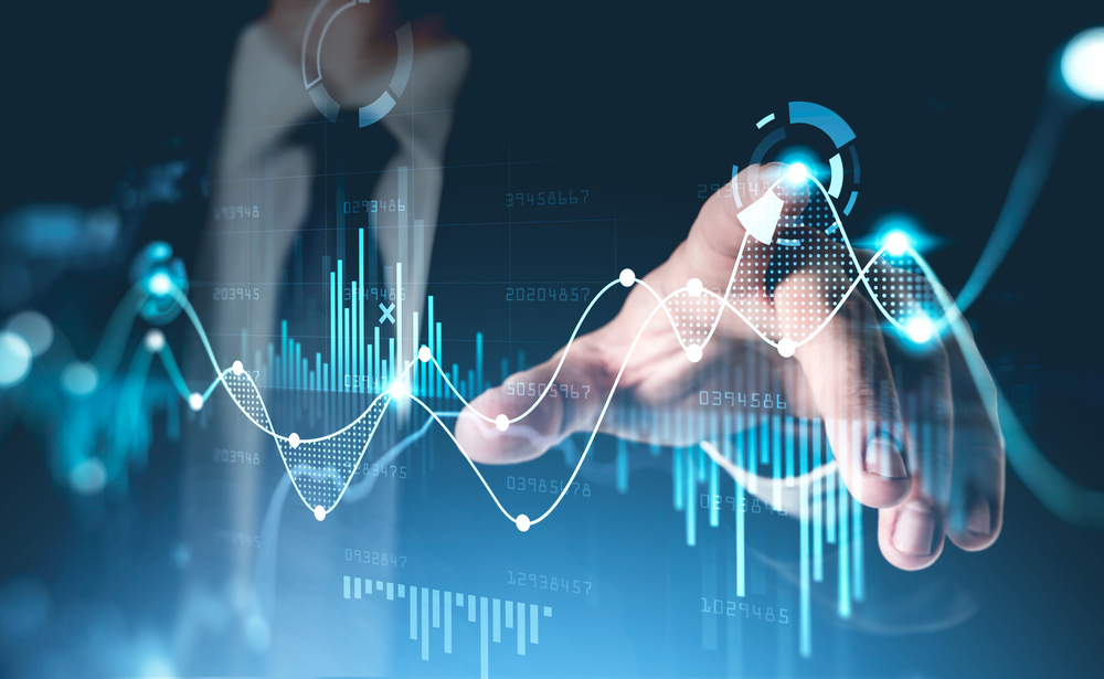 Office man finger touch hud, virtual screen with stock market changes, business candlesticks graph chart.