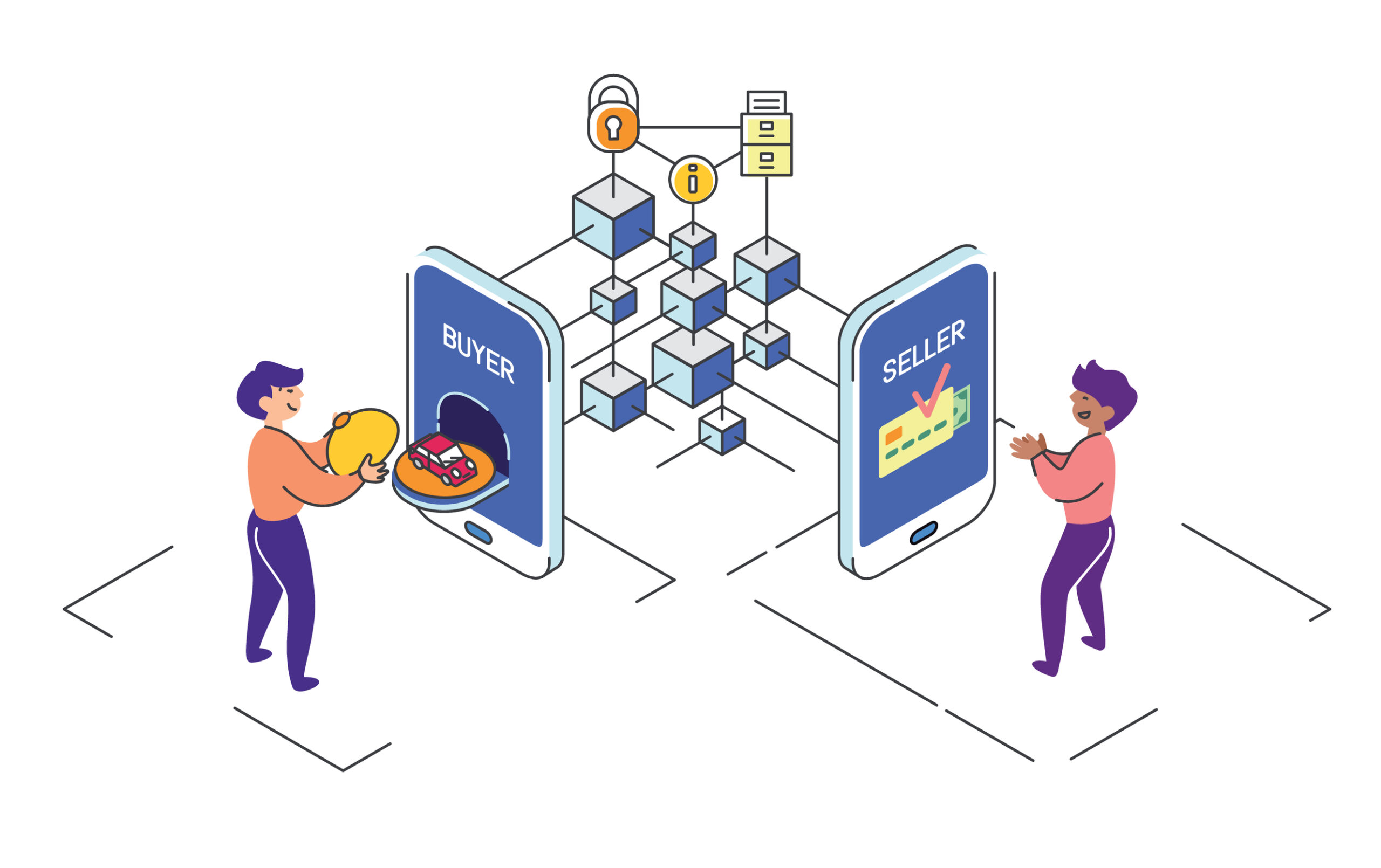 Isometric two men seller and buyer make a deal basic on smart blockchain contract. Insure payment. Get a payment. Get a product.