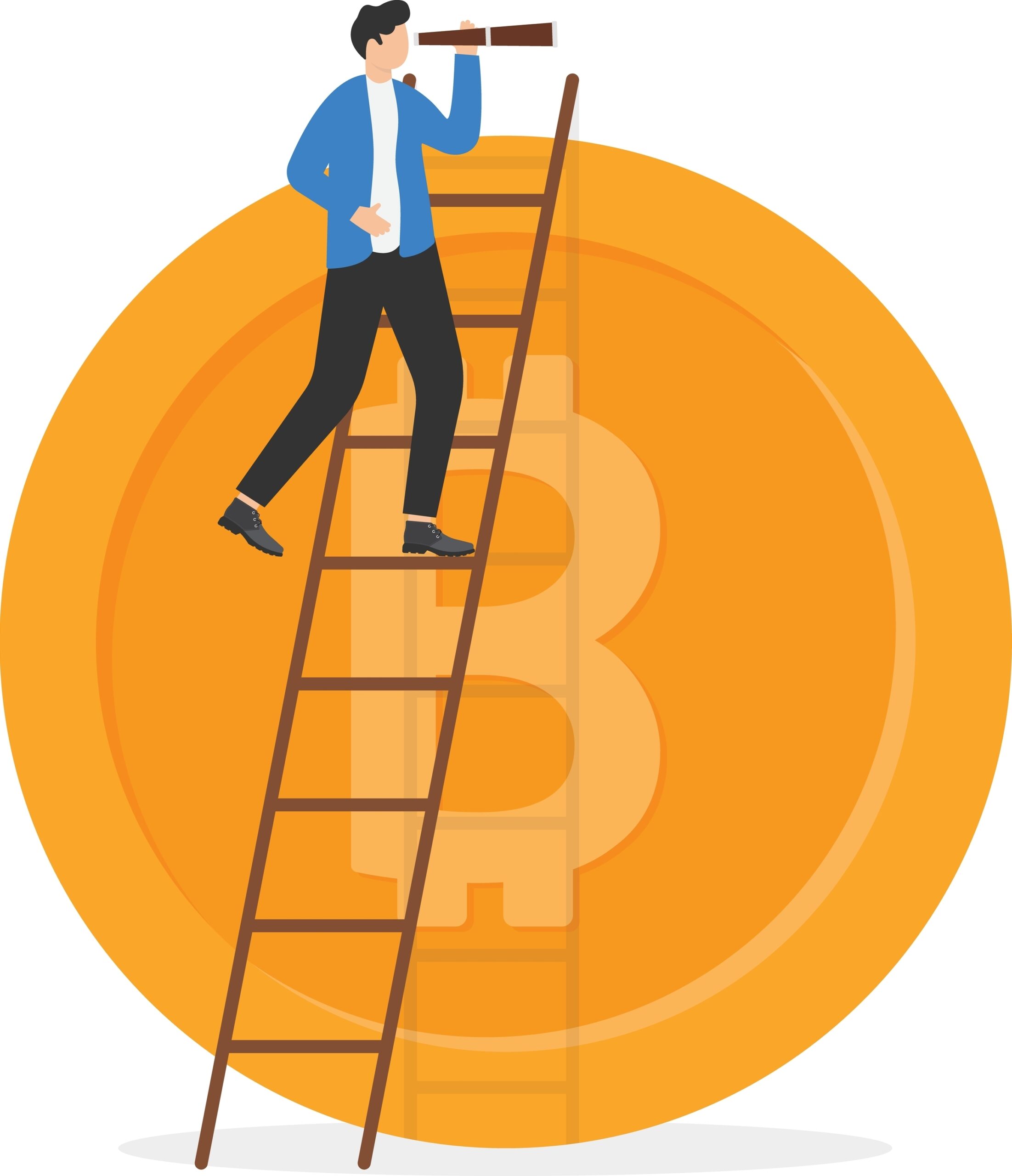 Future of bitcoin and cryptocurrency, investment opportunity or alternative financial asset concept, businessman investor climb up ladder on top of Bitcoin using spyglass telescope to see opportunity.