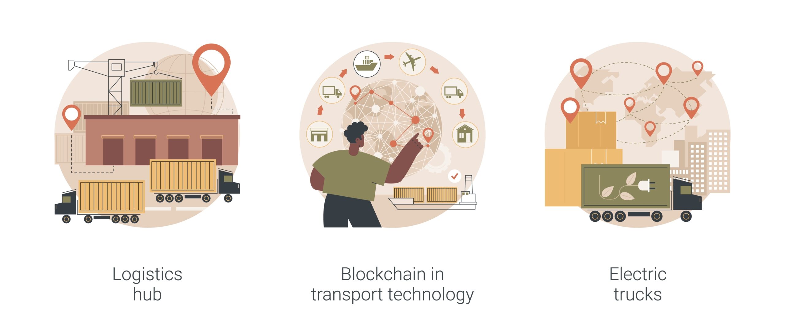 Global logistics center abstract concept vector illustration set. Logistics hub, blockchain in transport technology, electric trucks, commercial warehouse, automated freight track abstract metaphor.