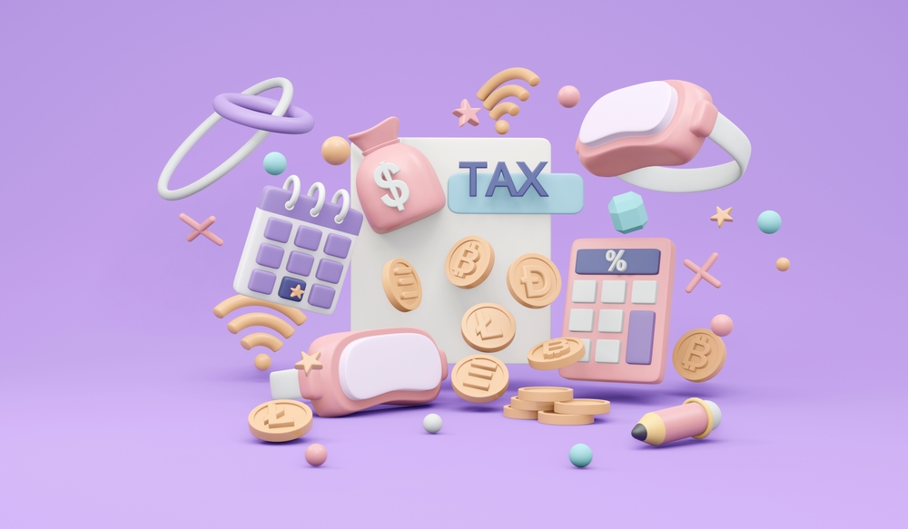 3D Rendering of computer with tax and metaverse glasses and cryptocurrency money coins concept of crypto tax duty on background.