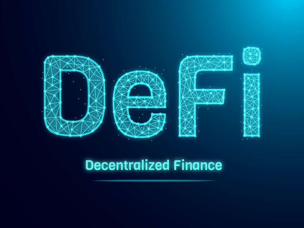 Defi - Decentralize Finance Background abstract with dark blue screen background. Concept of Decentralize Finance and technology with low poly mesh design for website.