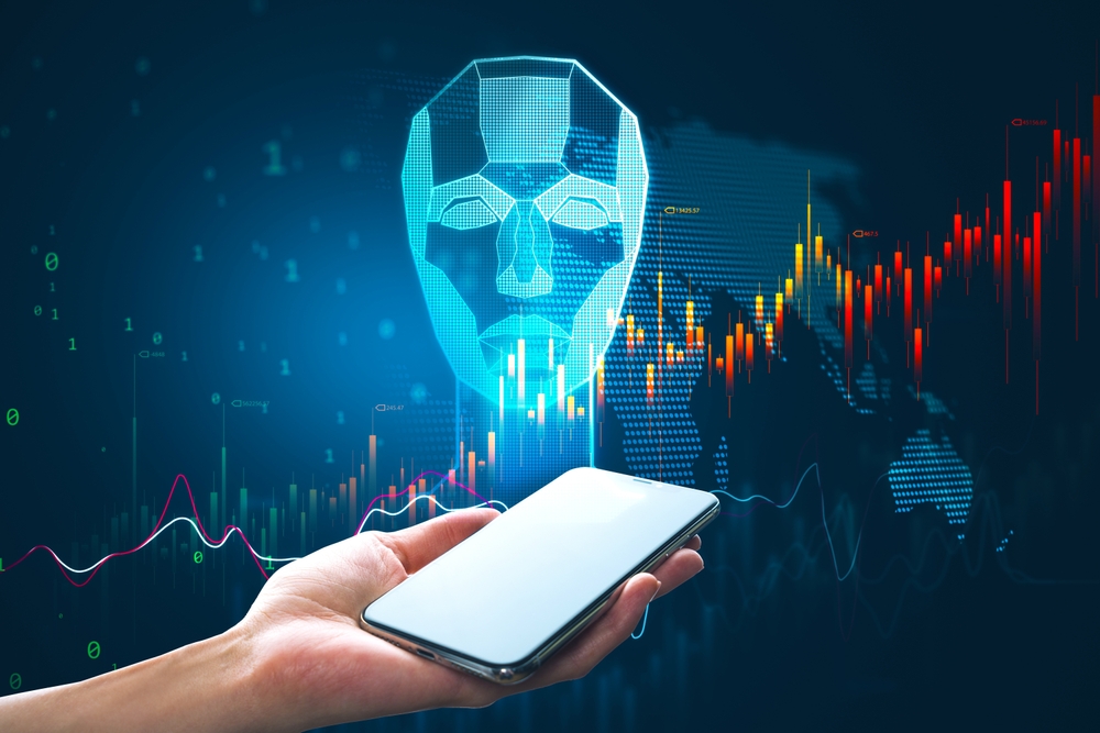 Artificial intelligence, cryptocurrency, mobile trading and blockchain concept with robot head with financial chart candlestick on world map background above human hand using smartphone