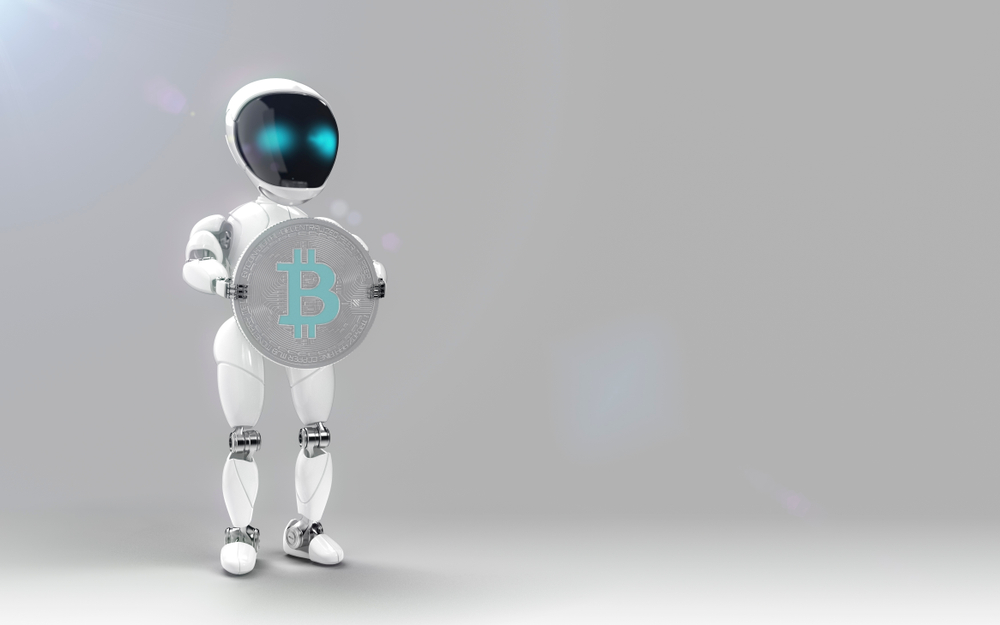 Bot holding bitcoin blue color investment