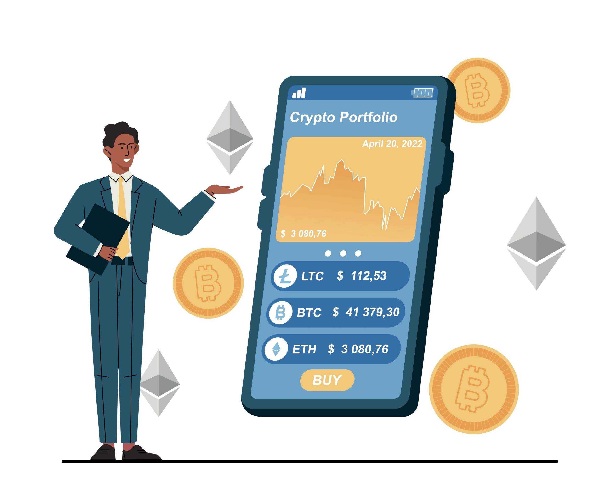 Crypto portfolio concept. Man with smartphone evaluates his assets in cryptocurrency. Blockchain technology and internet money. Financial literacy and passive income. 