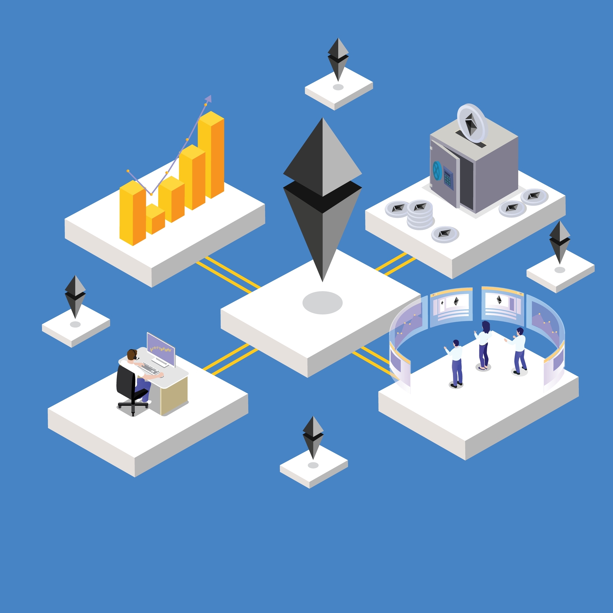 Traders analyzing and staking ethereum isometric 3d vector illustration for banner, website, illustration, landing page, template, etc