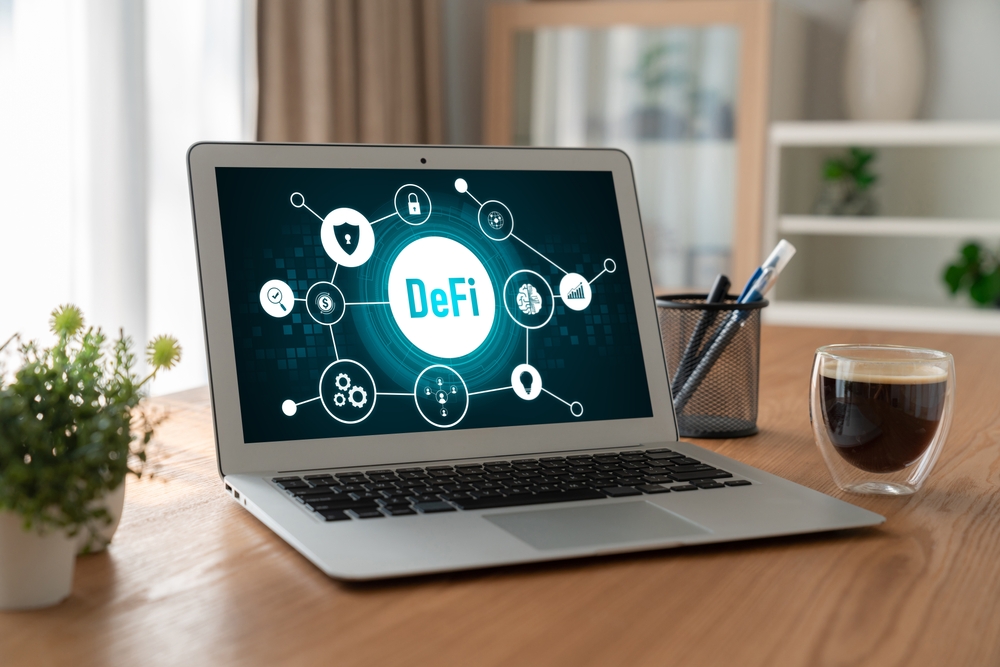 Decentralized finance or DeFi concept on modish computer screen . The defi system give new choice of investment and money saving .