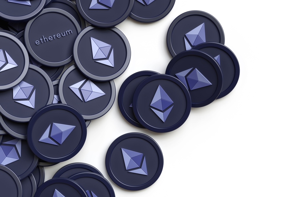 Eth Ethereum cryptocurrency background made of many randomly placed tokens with copy space on the right . Nice template suitable for ads, news or web projects in a crypto concept. 3D rendering.