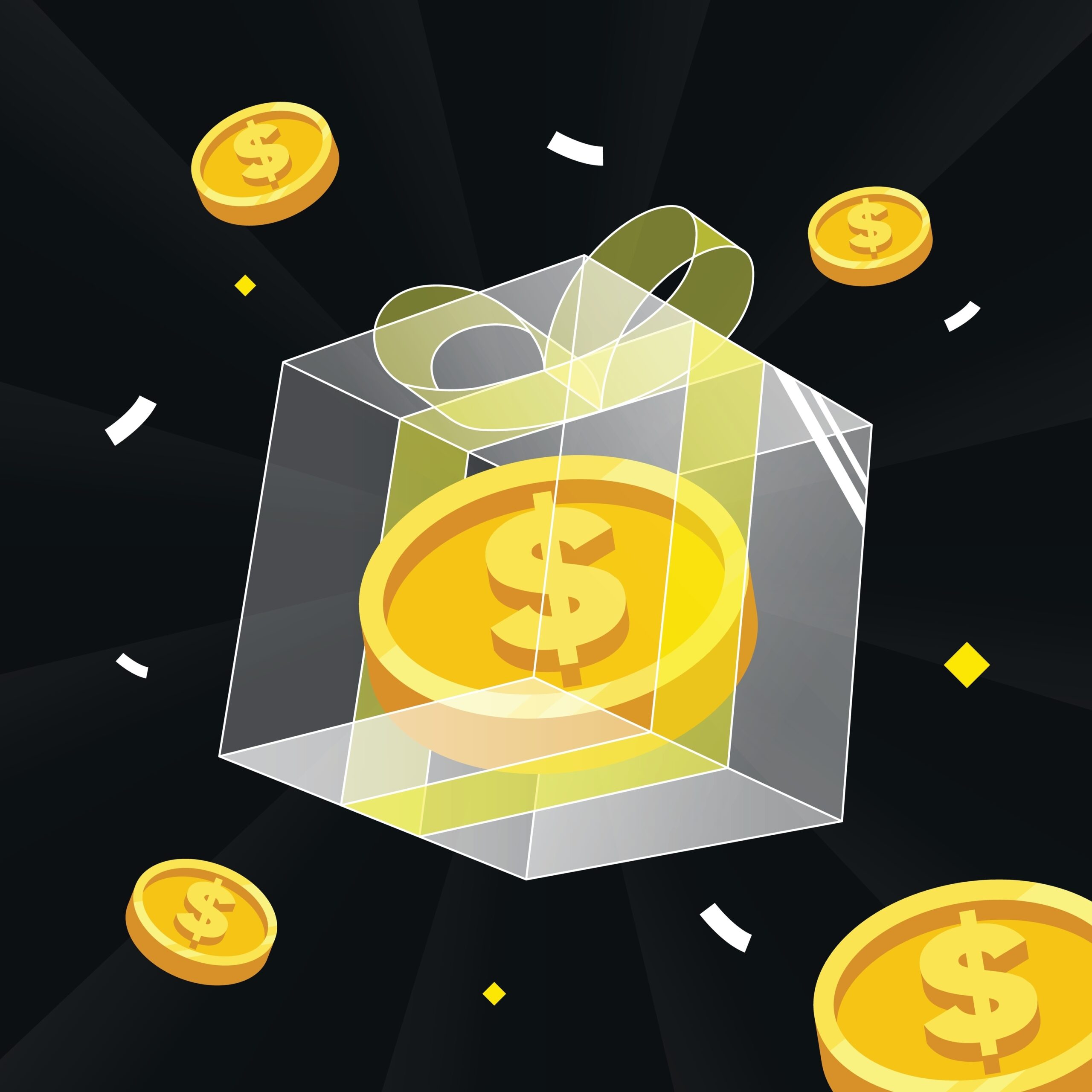 Gift box illustration, transparent box with token inside and fly out. Modern, futuristic style, neon box, crypto airdrop banner. Vector illustration. 2D flat design.