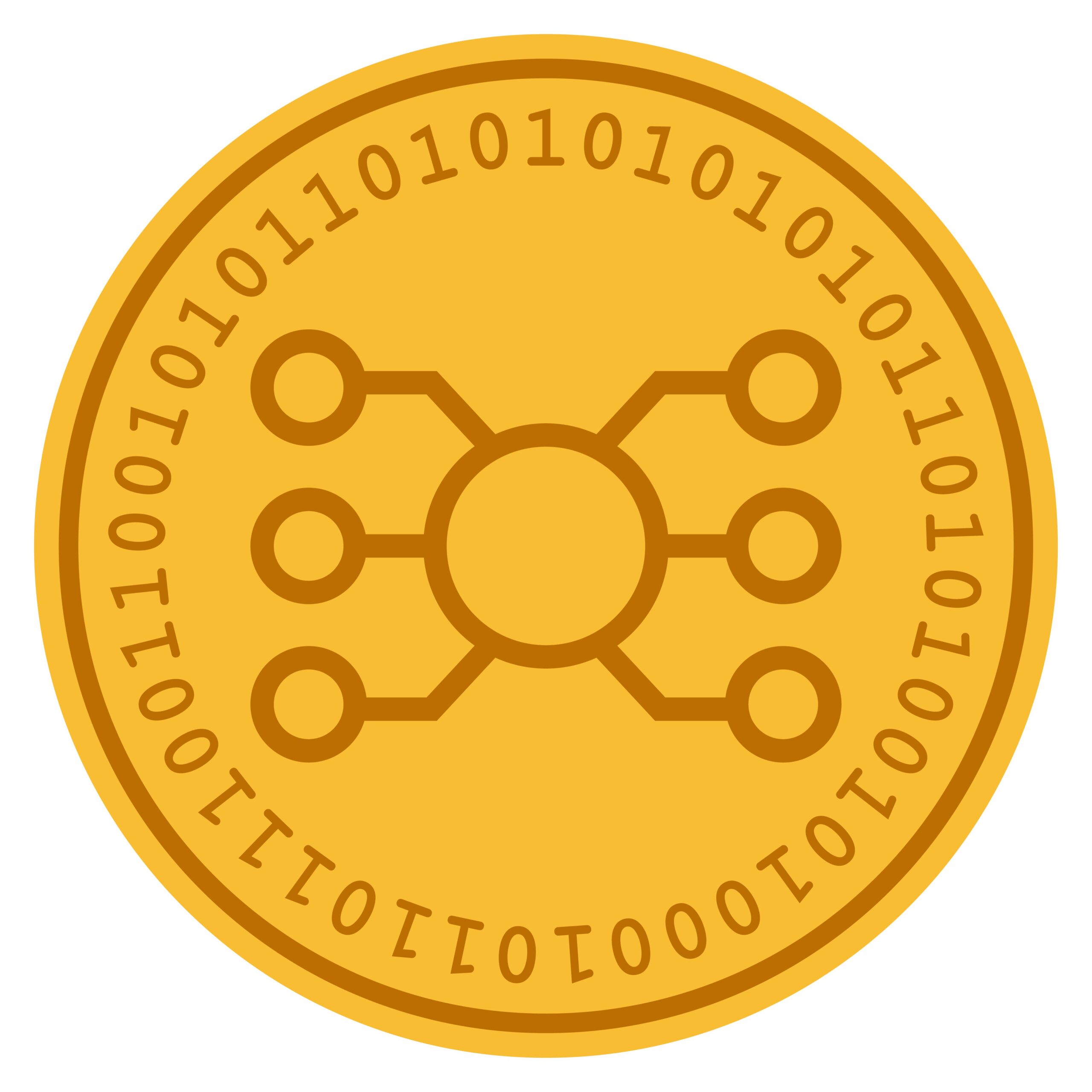 Nodes golden digital coin icon.
