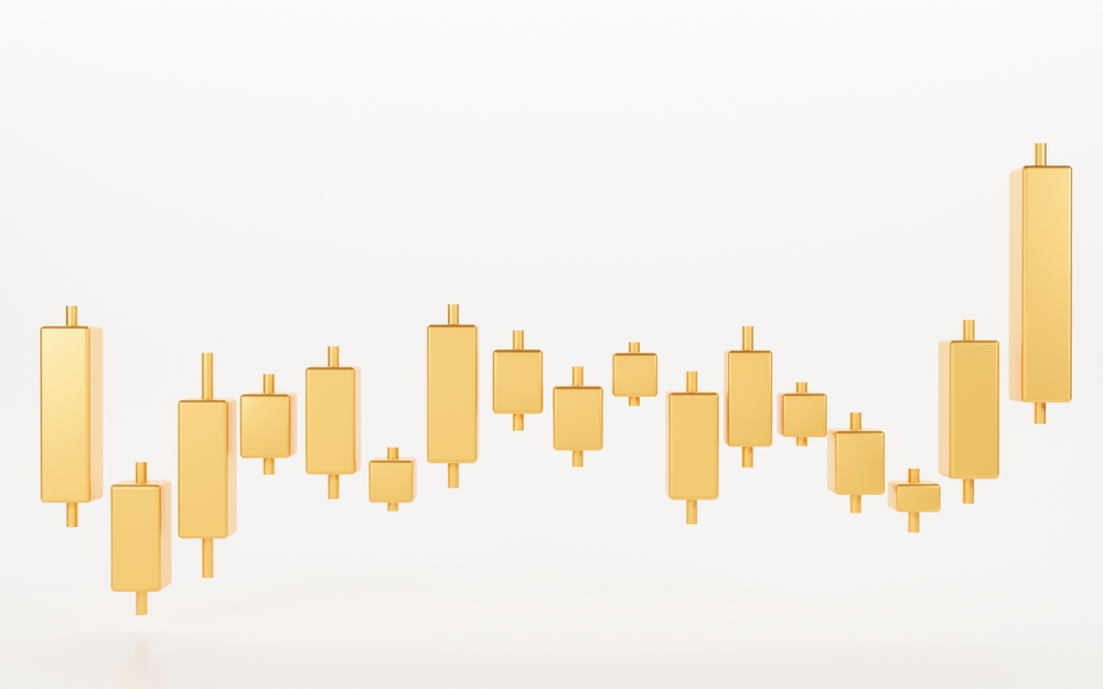 3D Gold Candle stick Chart isolated on white background, financial and stock markets, Minimal concept trading crypto currency, investment trading, exchange, forex, financial, index, Bullish.