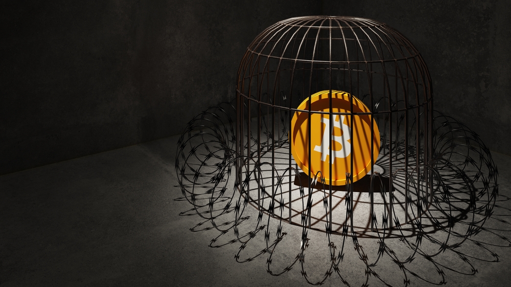 Bitcoin is imprisoned no freedom concept 3D illustration