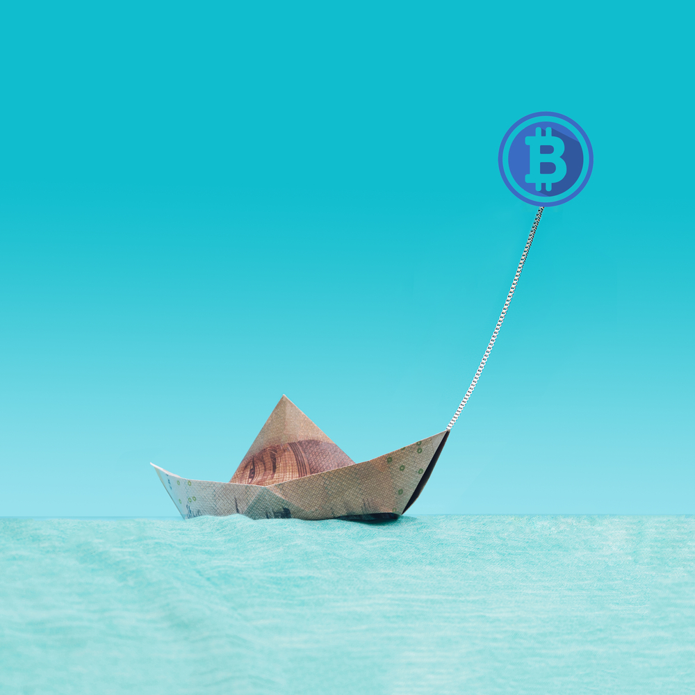 Symbol of bitcoin pull forward won banknote paper boat shape.