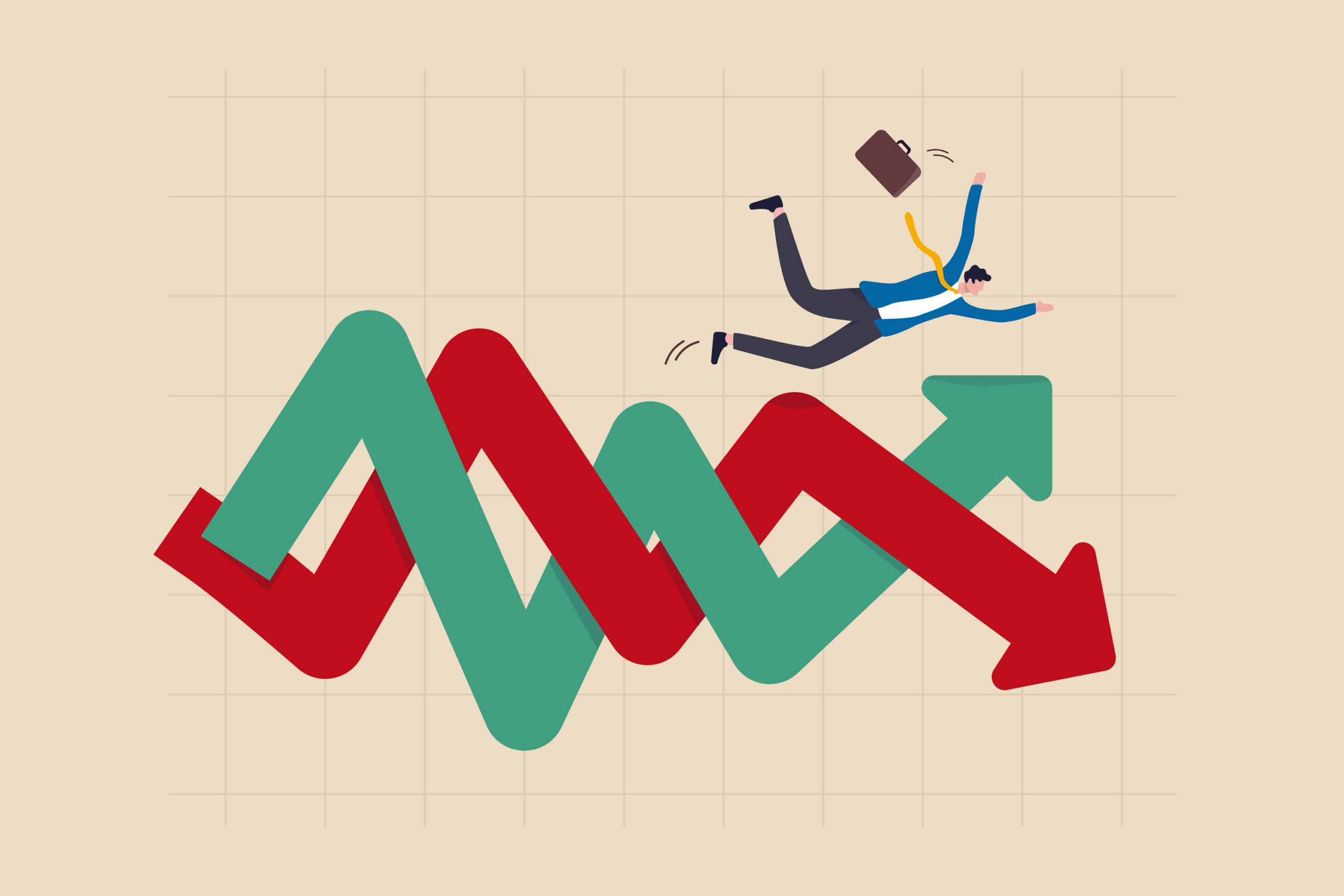 Financial investment volatility, uncertainty or change in business and stock market due to Coronavirus crisis concept, businessman investor fall on uncertainty, volatile up and down arrow profit graph