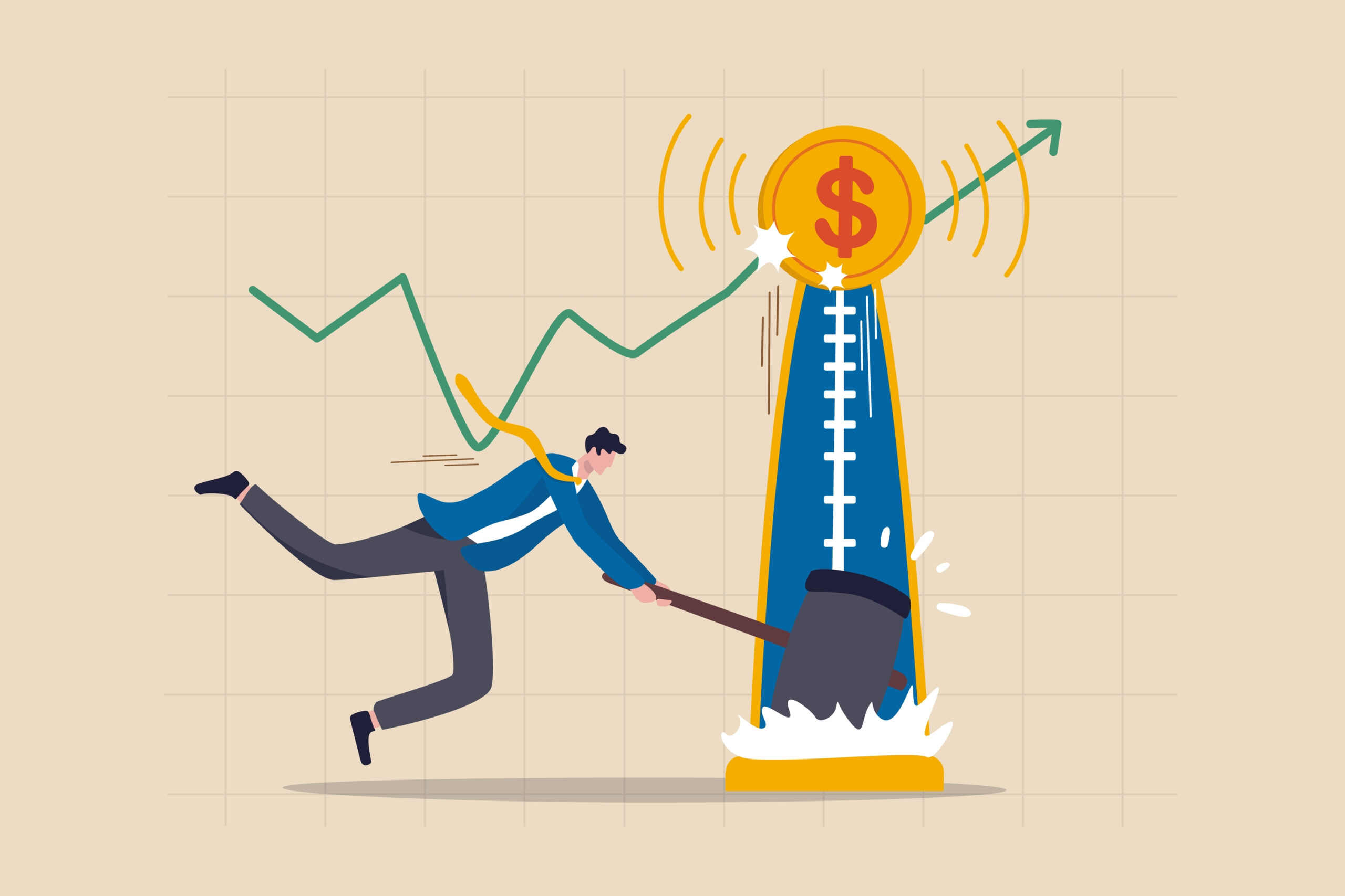 Investment asset price hit all time high, market rising, stock, crypto currency or gold price rally concept, businessman investor with hammer hit hard on strength tester to reach it top new high graph