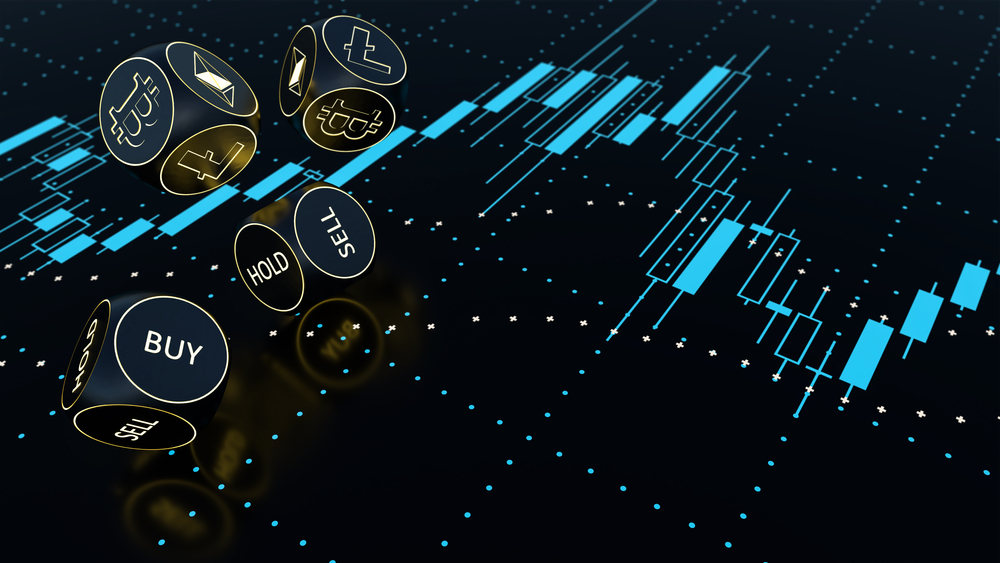 Crypto trading concept on candlestick screen.