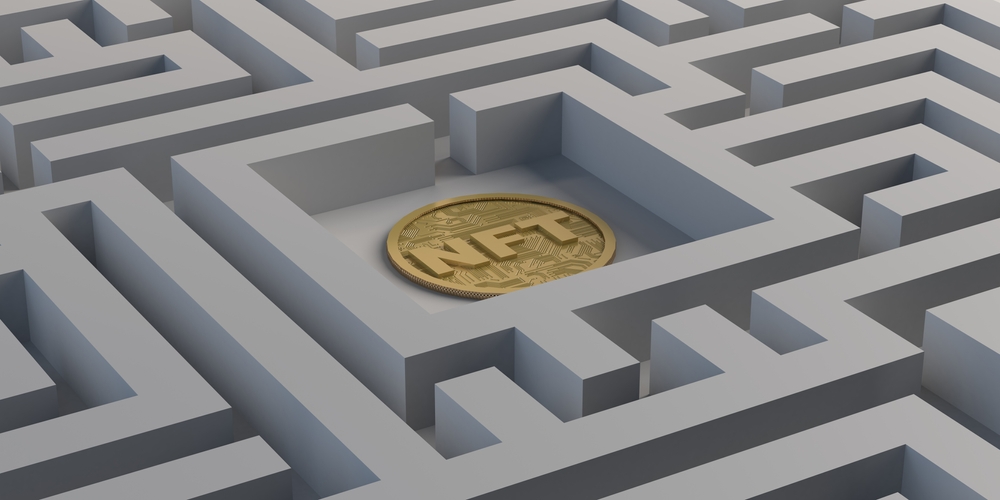 NFT inside a maze. Non fungible token investment concept of crypto art on the blockchain.