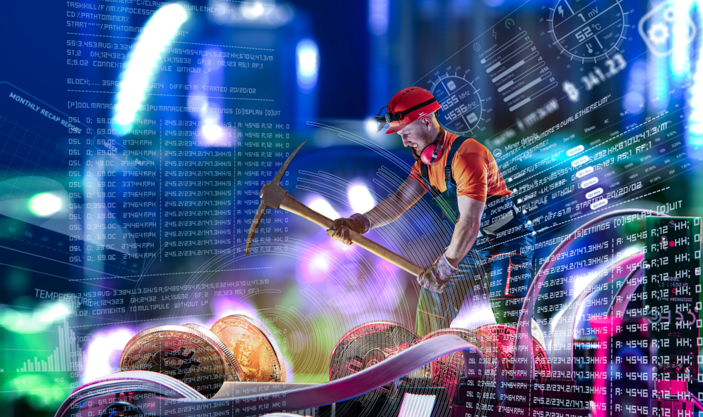 Macro view of miner working for bitcoins mine pool. Devices and technology for mining cryptocurrency.