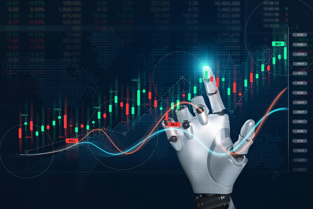 Ai artificial intelligence tool analysis stock market. Investor use smart robot automation technology for analysis graph data for decision trading. Robotic arm pointing at stock chart