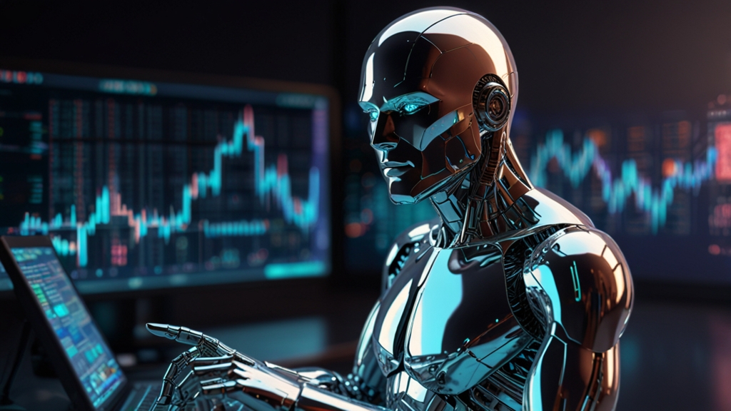 A sleek, futuristic AI crypto-trading bot, with gleaming chrome surfaces and holographic stock graphs, actively trading in a high-tech virtual market space.