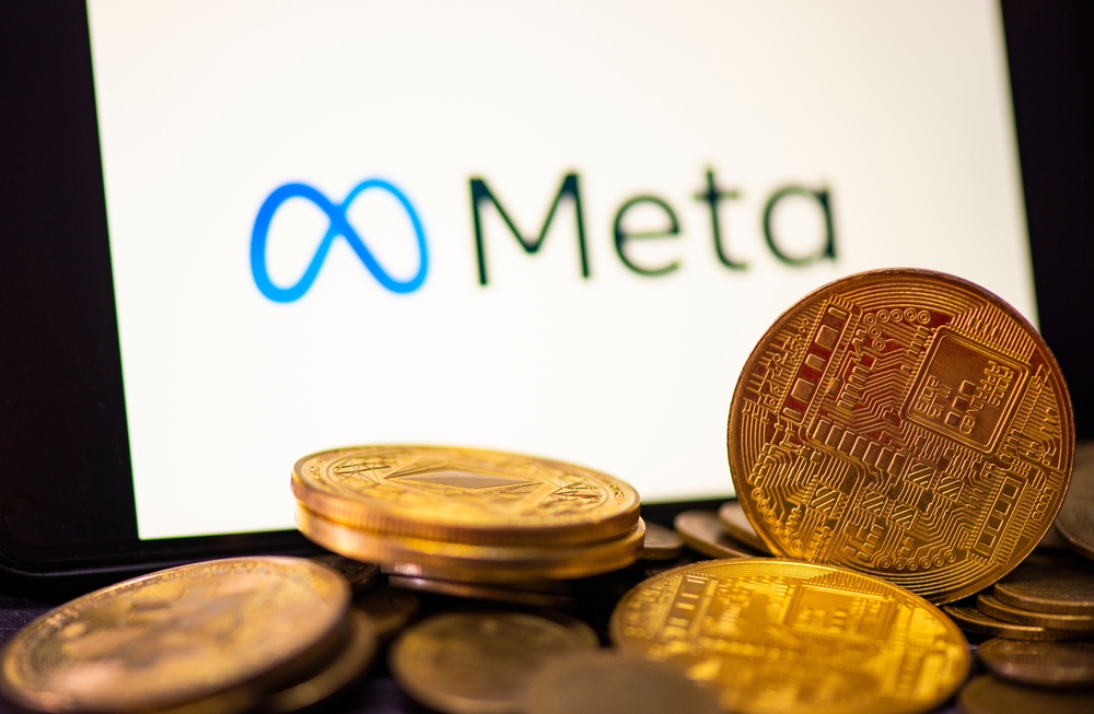 Metaverse coin crypto currency blockchain concept, META on smartphone screen with gold coin on meta logo background.