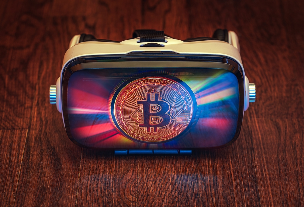 Metaverse money concept, 3d glasses with bitcoin visualization