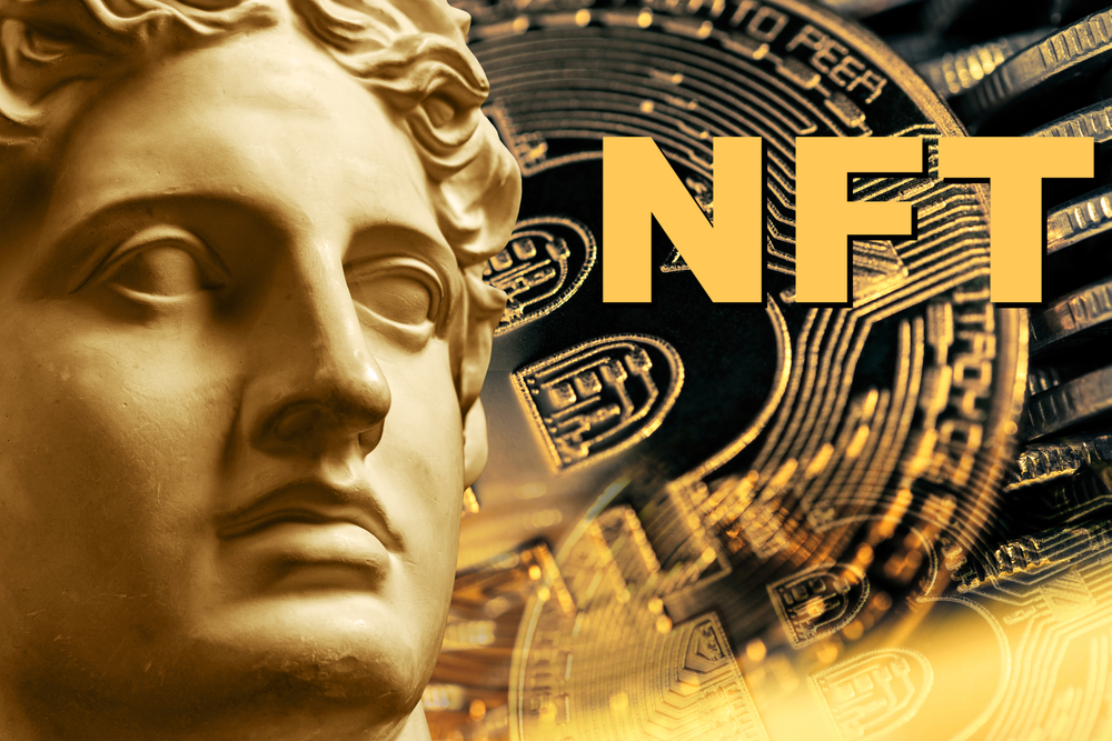 NFT Non fungible token. Crypto art concept. Technology selling unique collectibles, games characters, blockchain assets and digital artwork.