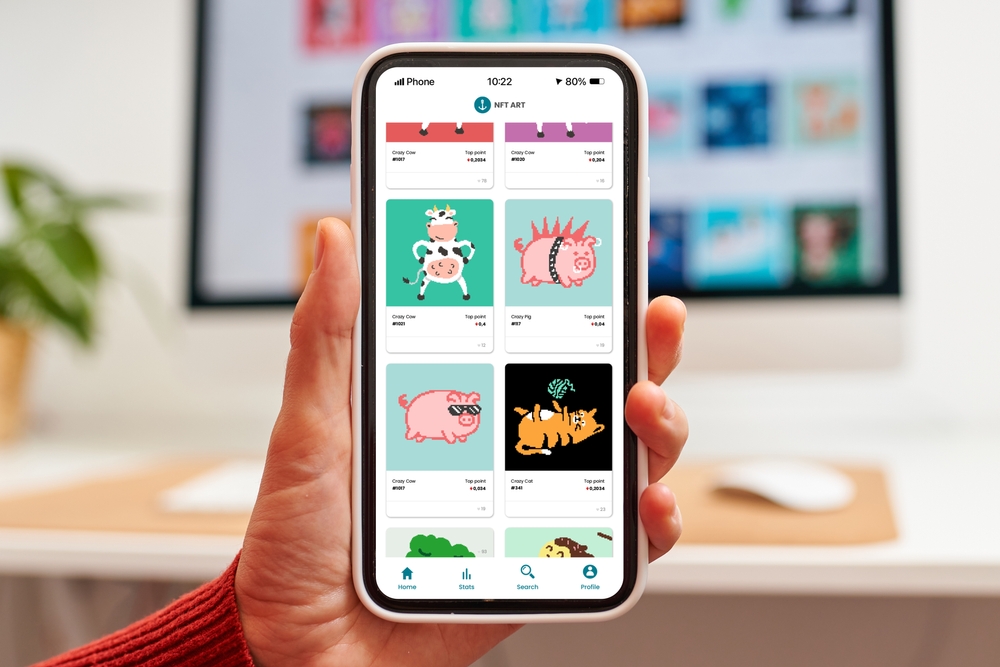 Close up of an NFT marketplace on a mobile phone