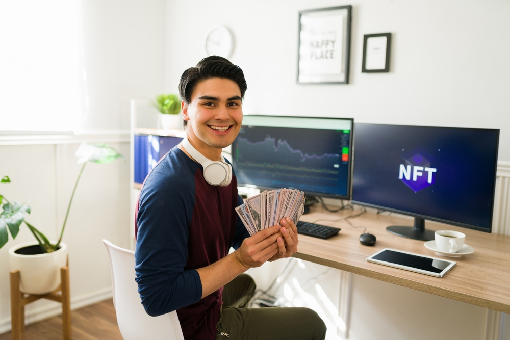 Portrait of a happy broker getting rich and earning a lot of money for selling or buying NFT art collections