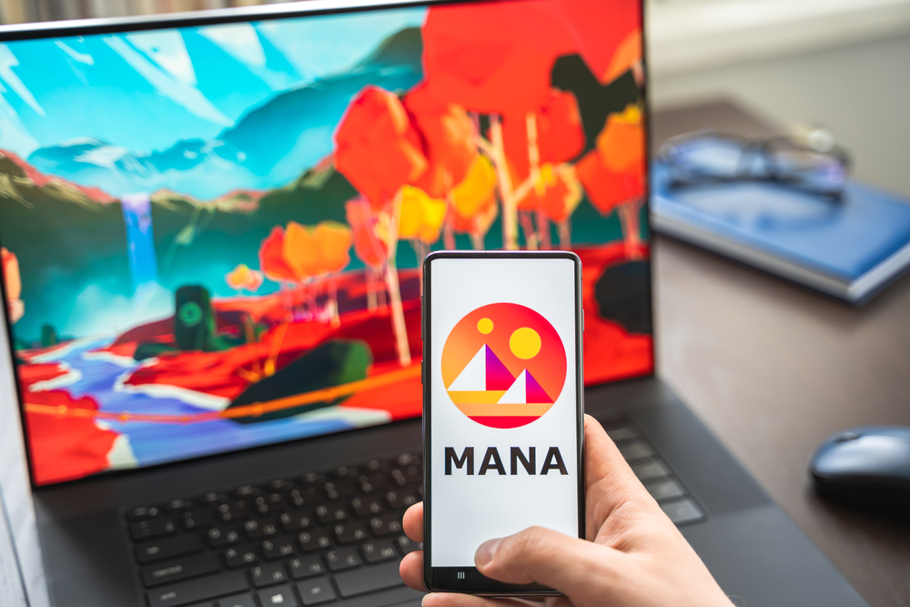 Logo,screenshot of blockchain nft ethereum cryptocurrency game Decentraland in laptop,mobile phone.Man playing with crypto coins,token MANA.Earning digital money.Lands,heroes.