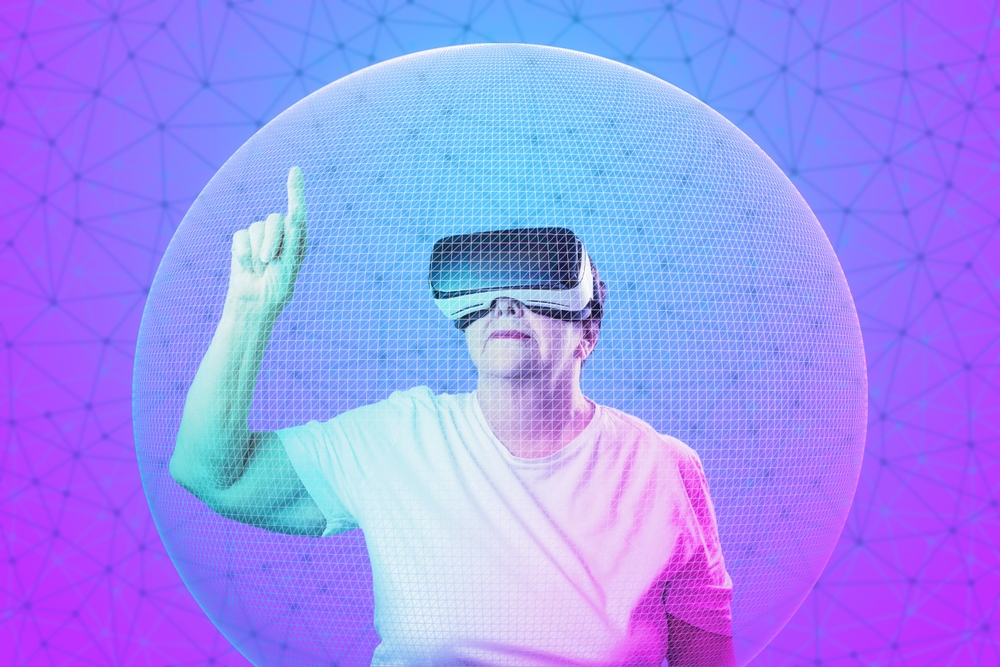 Caucasian smiling senior woman in VR glasses using metaverse. Neon violet background with grid and digital sphere. Copy space. Concept of retiree, virtual reality and cyberspace.