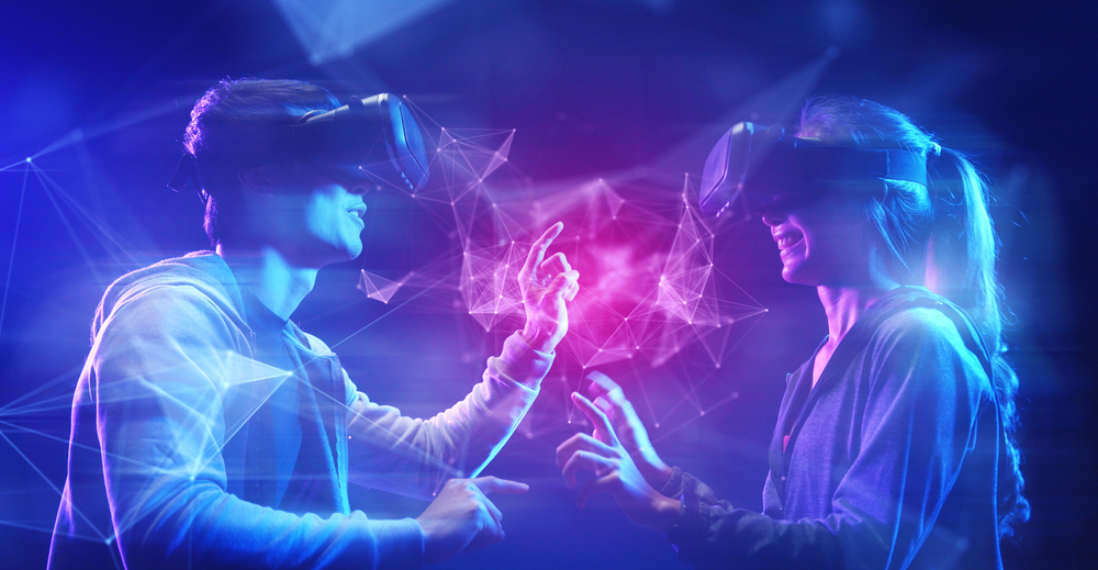 Future digital technology cyber virtual game entertainment metaverse, Teenager having fun play game VR virtual reality goggle, sport game 3D cyber space futuristic metaverse NFT game background,