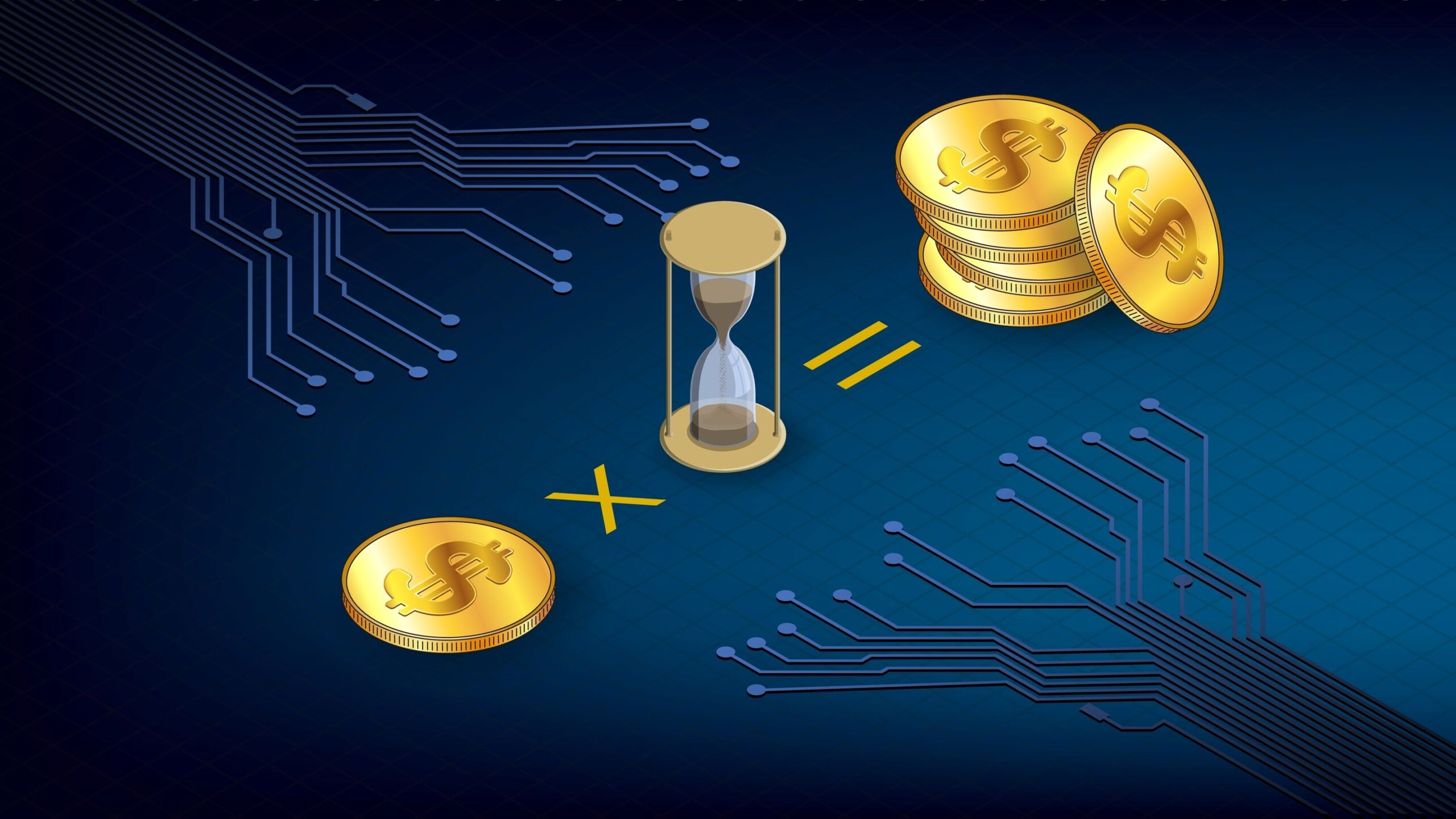 Isometric concept of earning coins during staking time with gold coins USD dollars and hourglass and PCB tracks on dark blue background.