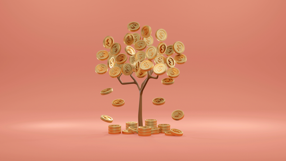 3D rendering concept of money investment, savings, growth, business. A money tree with golden coin leaves falling down on background.