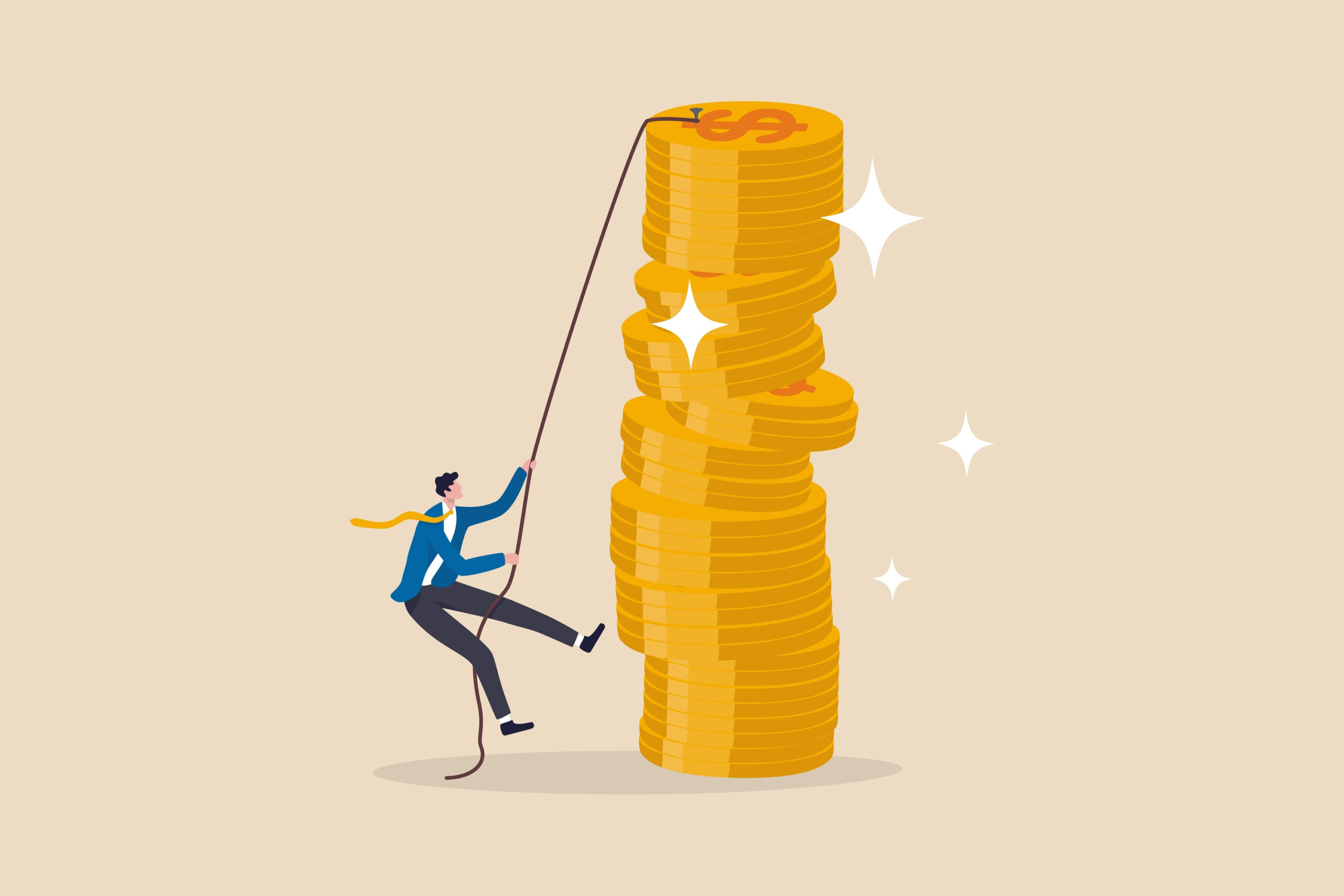 Financial goal, income, salary and career path, investor risk to make profit or savings to reach financial independence concept, businessman trying hard climbing rope to reach top of money coins stack Vector Formats