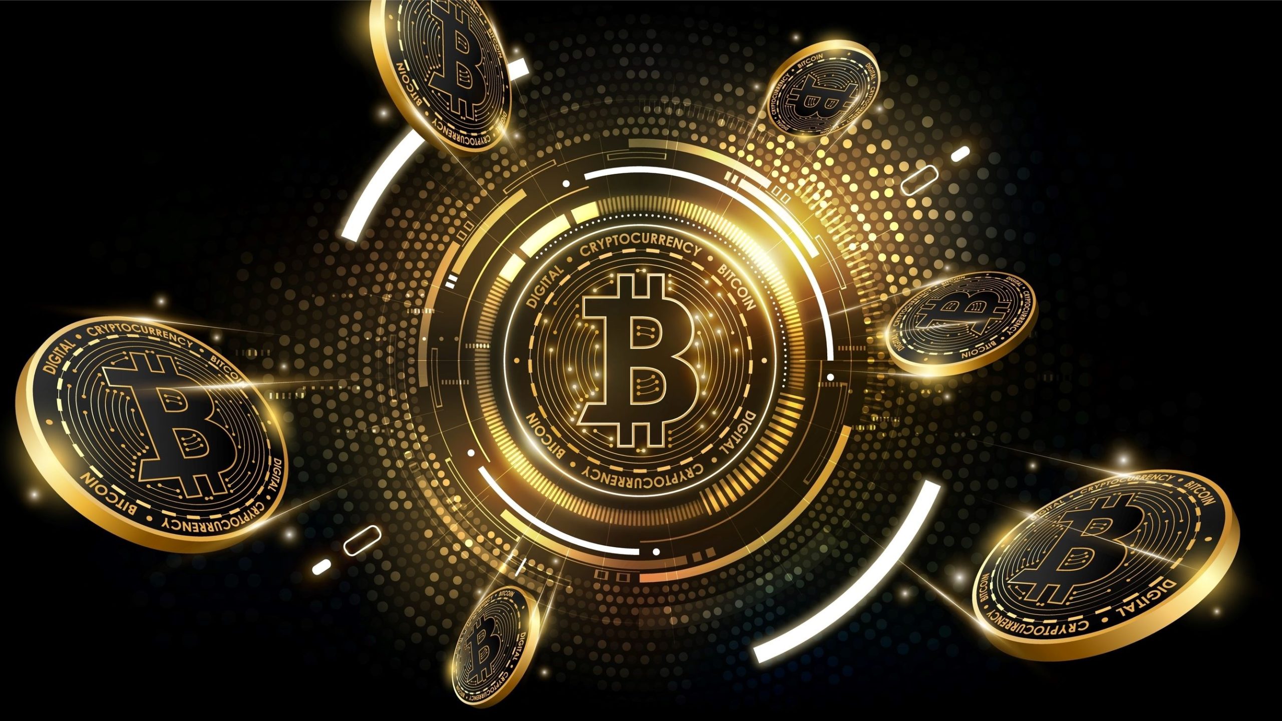 Golden Bitcoin Cryptocurrency Concept with Floating Coins and Digital Technology Background
