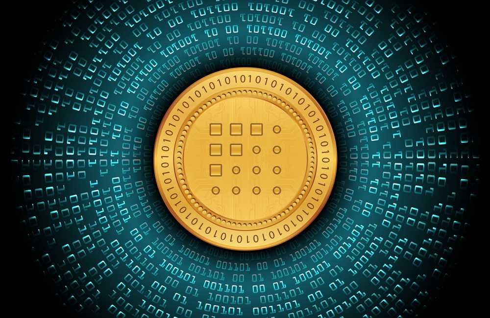 fetch.ai cryptocurrency images on digital background. 3d illustration.