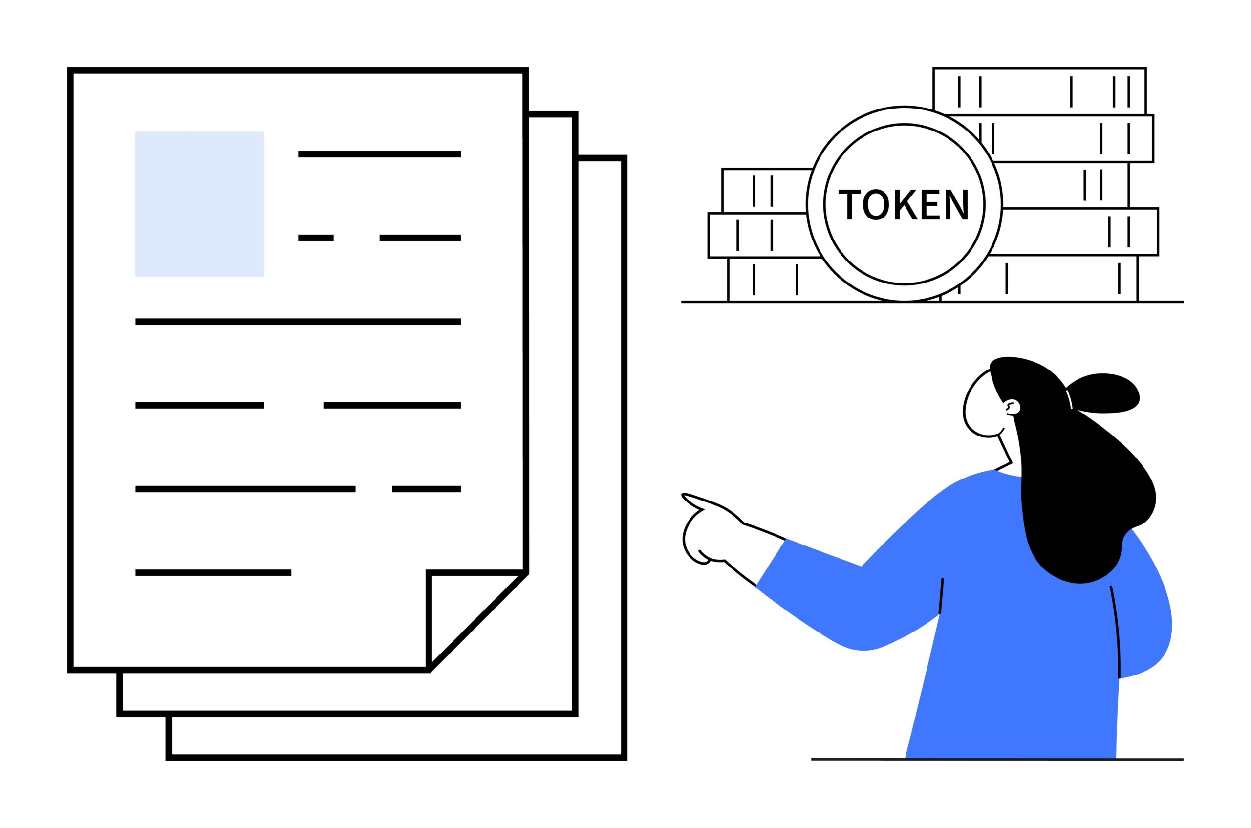 A person pointing towards stacked tokens and documents. Ideal for topics on blockchain, digital finance, tokens, business analysis, and cryptocurrency. Minimalist style