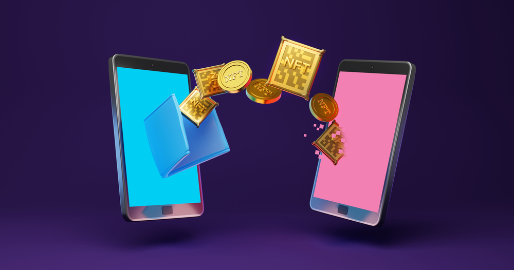 3D render illustration of golden coins, and NFT, Crypto currency coins, into wallet on smartphone, online payment, transaction concept