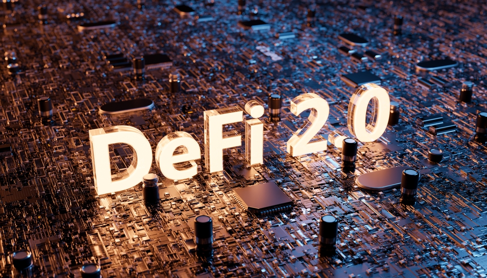 glowing DeFi 2.0 sign on an electronic motherboard.
